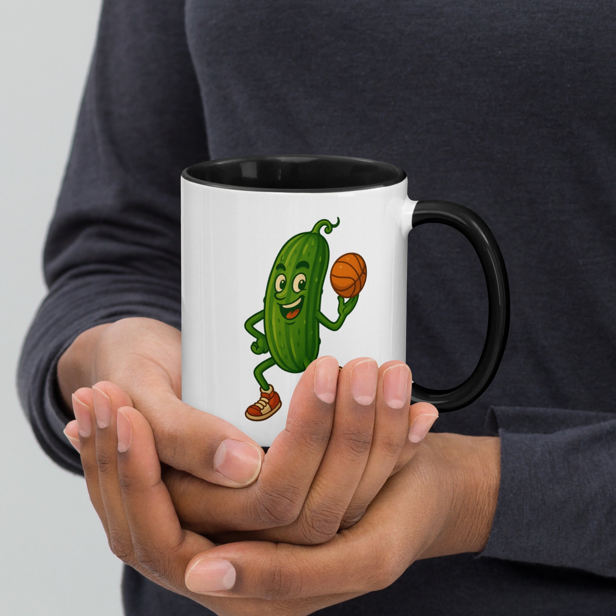 Colorful basketball-themed mug featuring a cheerful pickle character, perfect for fun coffee moments.