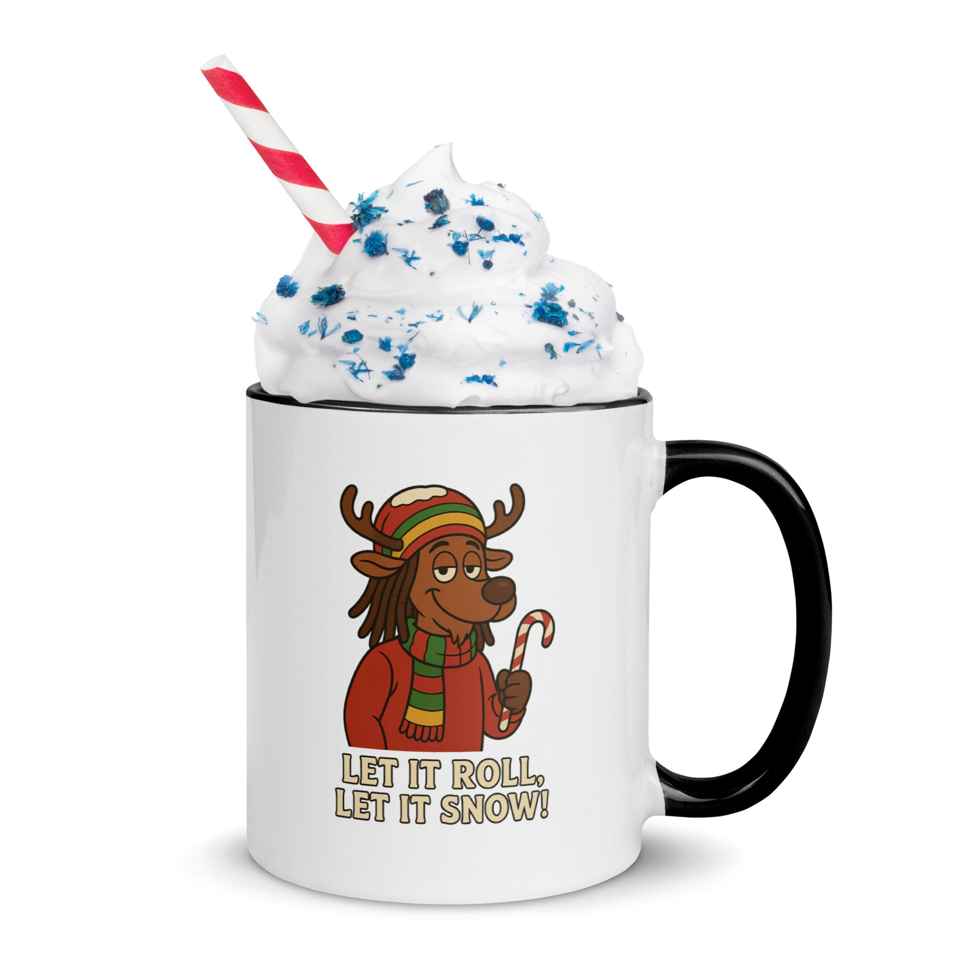 Mug with cartoon reindeer character and whipped cream on a white background