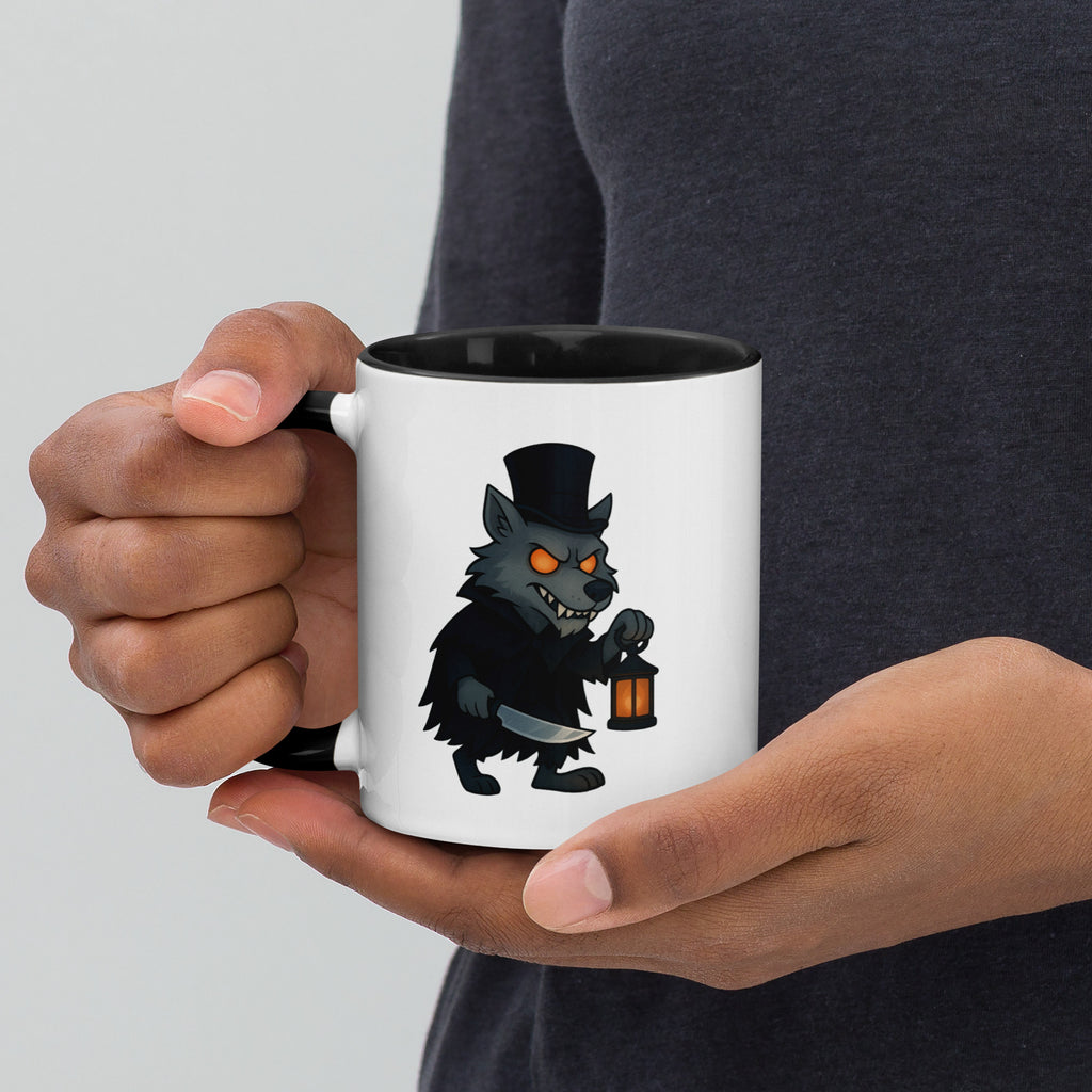 Person holding a white mug with a black wolf wearing a top hat and holding a lantern design.