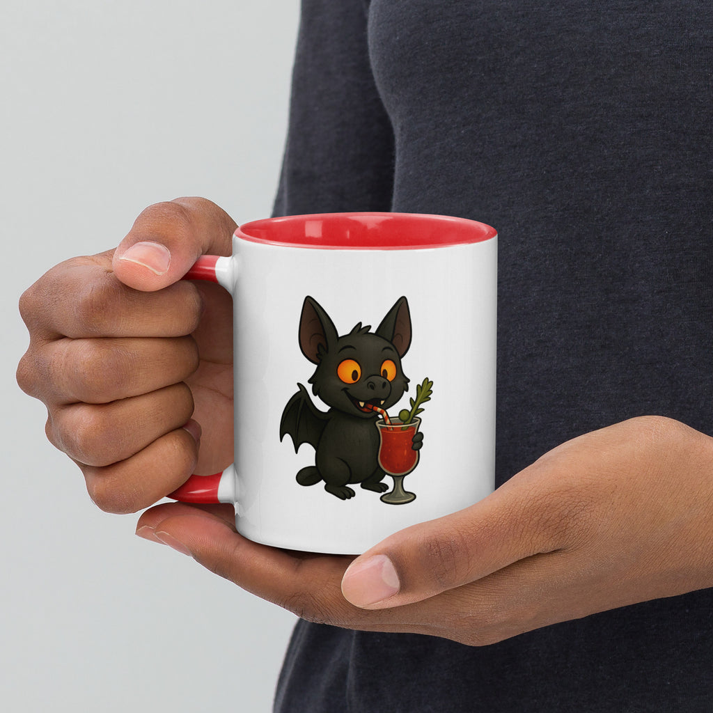 Person holding a mug with a cartoon black dog design on a plain background